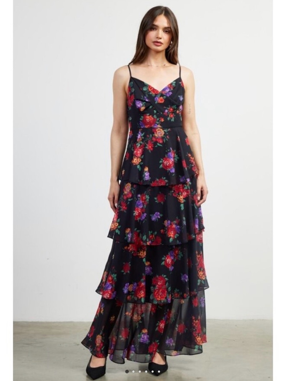Black Floral Tiered Maxi Dress by Skies Are Blue